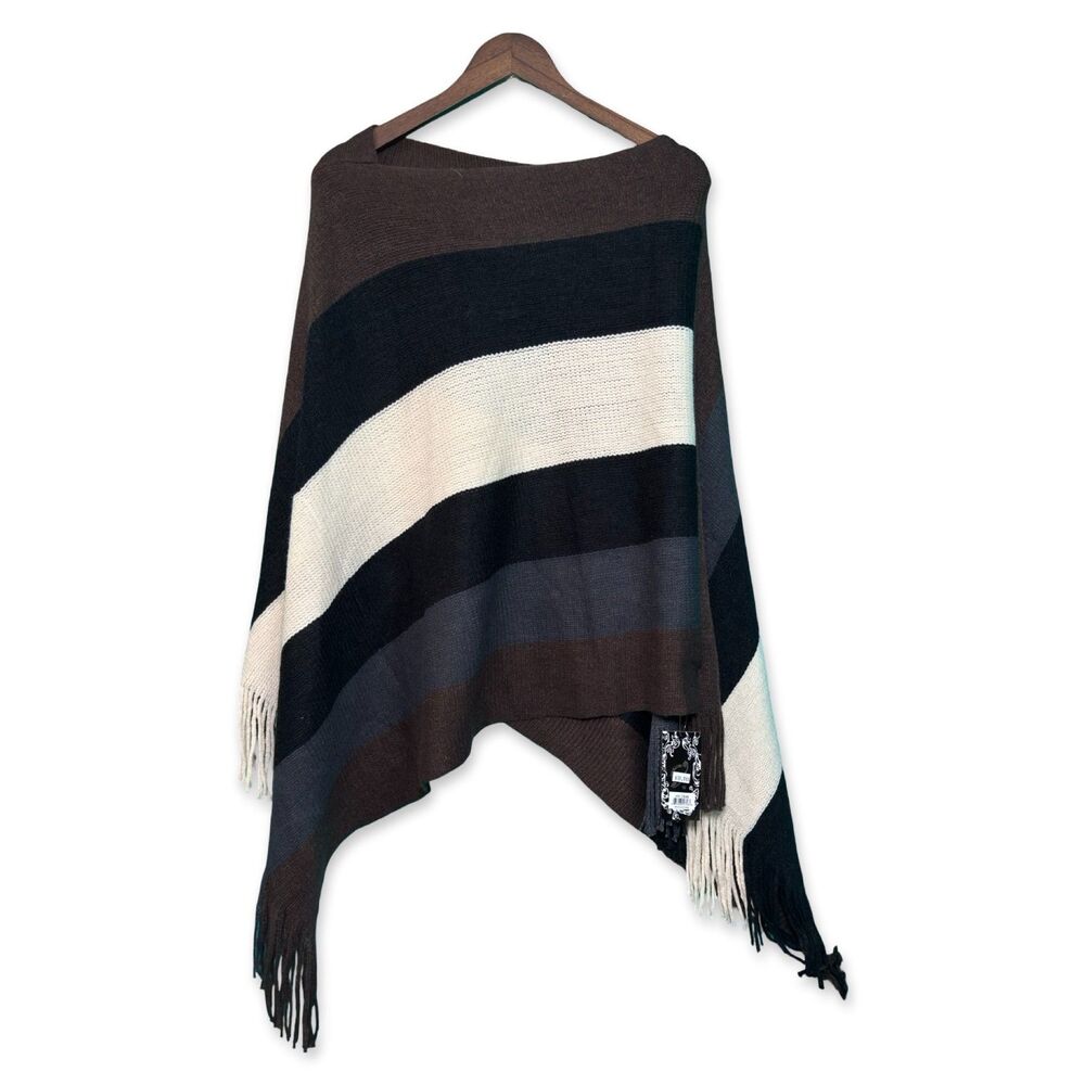 NWT Womens Striped Fringe Poncho One Size Brown Black Cream Colorblock Knit